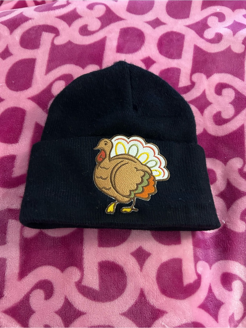 Source Unknown Black Knit Beanie with Turkey Patch